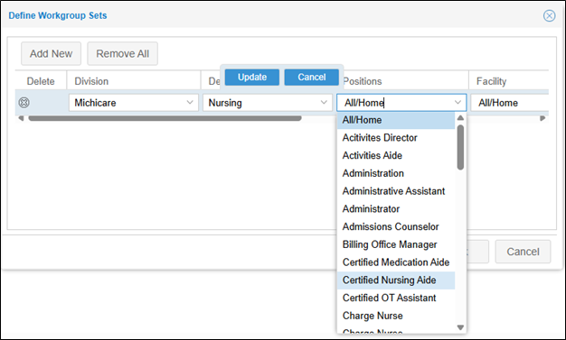 Define Workgroup Sets Window