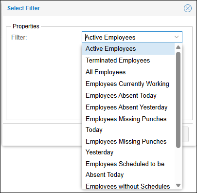 Employee Select Filter Window